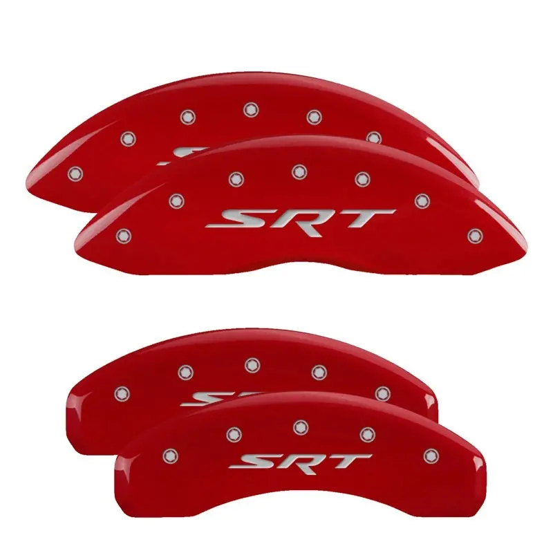 Mgp Engraved 4-Piston Caliper Covers – Front & Rear, Srt Red Finish With Silver Chrome Accents 2