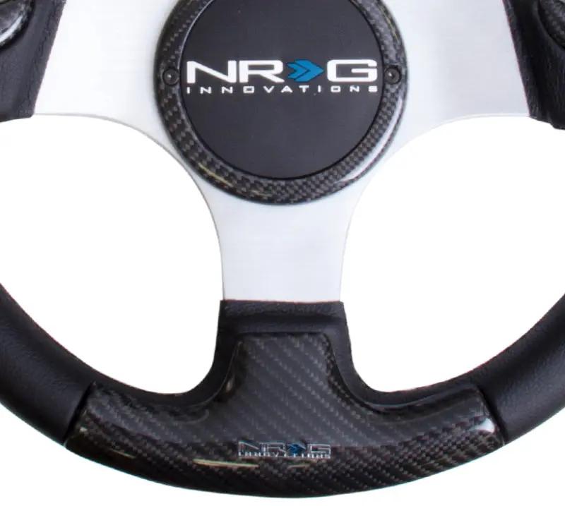 Nrg Carbon Fiber Steering Wheel – 350Mm Diameter, Silver Frame, Black Stitching, Rubber Grip & Horn Button 1