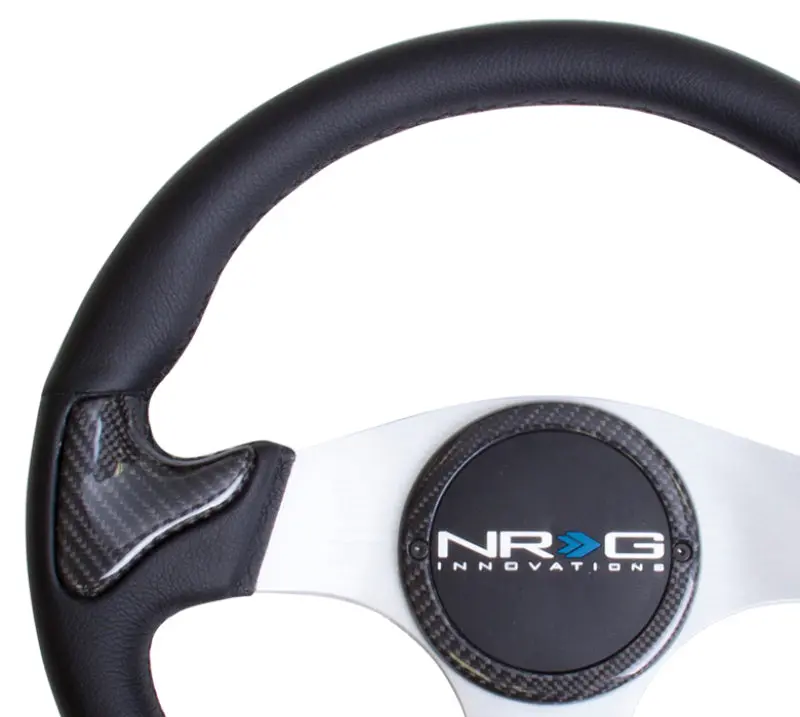 Nrg Carbon Fiber Steering Wheel – 350Mm Diameter, Silver Frame, Black Stitching, Rubber Grip & Horn Button 2